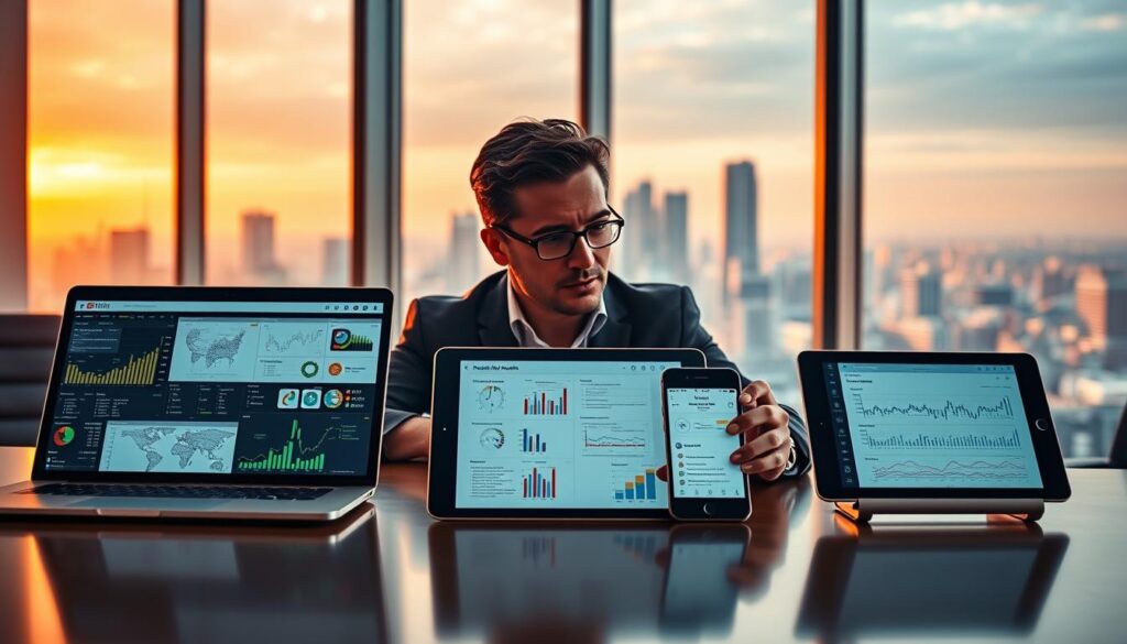 A sleek, modern office setting with a large desk showcasing various AI-powered auditing tools side-by-side. The foreground features a laptop, tablet, and smartphone displaying data visualizations, algorithms, and audit reports. The middle ground shows an executive reviewing the tools, with a serious expression as they evaluate the capabilities. The background has floor-to-ceiling windows overlooking a bustling city skyline, conveying a sense of technological sophistication and high-stakes decision making. Warm, directional lighting casts dramatic shadows, highlighting the contrast between the traditional and AI-powered auditing approaches. A sleek, modern office setting with a large desk showcasing various AI-powered auditing tools side-by-side. The foreground features a laptop, tablet, and smartphone displaying data visualizations, algorithms, and audit reports. The middle ground shows an executive reviewing the tools, with a serious expression as they evaluate the capabilities. The background has floor-to-ceiling windows overlooking a bustling city skyline, conveying a sense of technological sophistication and high-stakes decision making. Warm, directional lighting casts dramatic shadows, highlighting the contrast between the traditional and AI-powered auditing approaches.
