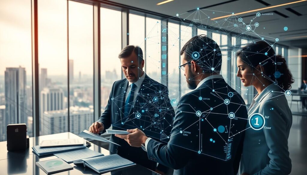 A sleek, modern office setting with a large window overlooking a bustling city skyline. In the foreground, a team of professionals in business attire intently examining financial documents and digital displays, their expressions focused and determined. In the middle ground, a holographic projection of a blockchain network visualizes complex data flows and transactions. The lighting is soft and ambient, creating a sense of professionalism and technological advancement. The overall atmosphere conveys the transformative power of AI and blockchain integration in the financial services industry.