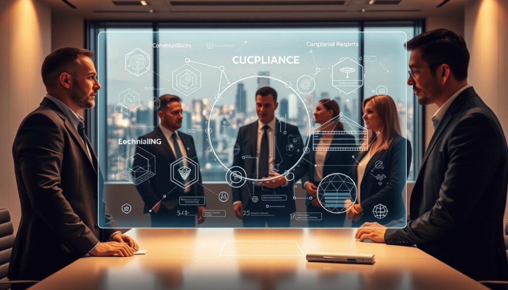 A sleek, modern office setting with clean lines and minimalist decor. In the foreground, a large holographic display shows intricate blockchain diagrams and compliance frameworks, glowing with a soft, ethereal light. The middle ground features a team of professionals in business attire, intently discussing the visual data, their expressions serious yet focused. In the background, a panoramic window reveals a bustling city skyline, symbolizing the integration of blockchain technology into the broader financial landscape. The lighting is warm and balanced, creating a sense of professionalism and innovation. The overall atmosphere conveys the careful navigation of regulatory requirements in the emerging world of decentralized finance.