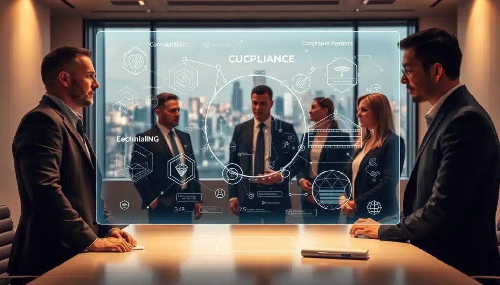 A sleek, modern office setting with clean lines and minimalist decor. In the foreground, a large holographic display shows intricate blockchain diagrams and compliance frameworks, glowing with a soft, ethereal light. The middle ground features a team of professionals in business attire, intently discussing the visual data, their expressions serious yet focused. In the background, a panoramic window reveals a bustling city skyline, symbolizing the integration of blockchain technology into the broader financial landscape. The lighting is warm and balanced, creating a sense of professionalism and innovation. The overall atmosphere conveys the careful navigation of regulatory requirements in the emerging world of decentralized finance.