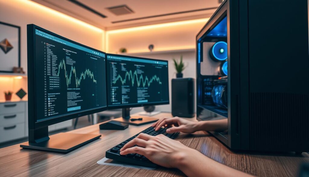 A sleek, modern setup for crypto staking, with a high-end desktop computer, multiple monitors, and a secure hardware wallet prominently displayed on the desk. The scene is bathed in a warm, ambient lighting, creating a professional and focused atmosphere. The user's hands are positioned over the keyboard, ready to navigate the staking process. In the background, a clean, minimalist office space with clean lines and subtle blockchain-inspired decor elements. The overall composition conveys a sense of efficiency, control, and the methodical nature of the crypto staking experience. A sleek, modern setup for crypto staking, with a high-end desktop computer, multiple monitors, and a secure hardware wallet prominently displayed on the desk. The scene is bathed in a warm, ambient lighting, creating a professional and focused atmosphere. The user's hands are positioned over the keyboard, ready to navigate the staking process. In the background, a clean, minimalist office space with clean lines and subtle blockchain-inspired decor elements. The overall composition conveys a sense of efficiency, control, and the methodical nature of the crypto staking experience.
