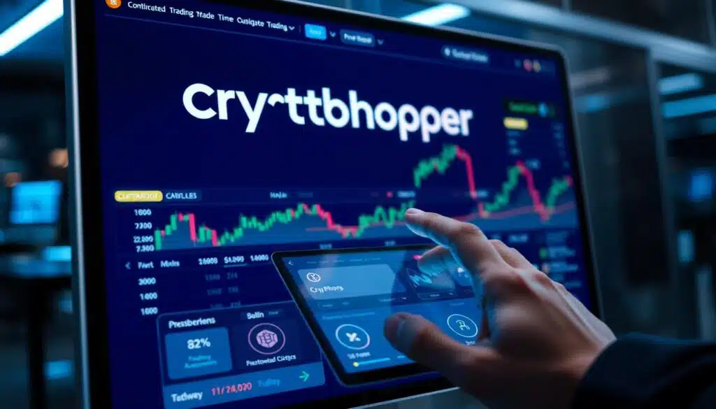 A sleek, modern trading platform interface with the Cryptohopper logo prominently displayed on a large, high-resolution screen. The interface showcases real-time cryptocurrency charts, trading indicators, and intuitive controls for setting up automated trading strategies. The platform is bathed in a cool, blue-tinted lighting, creating a professional and technological atmosphere. In the foreground, a user's hand interacts with the touchscreen, navigating the platform's features. The background is blurred, focusing the viewer's attention on the platform's impressive capabilities. The overall scene conveys a sense of power, precision, and the transformative potential of AI-driven crypto trading automation.