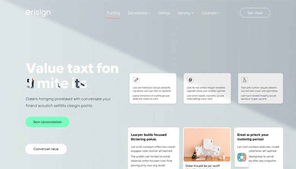 A sleek, modern website interface showcases a prominent value proposition, seamlessly integrated with conversion-focused design elements. In the foreground, a hero section features a bold, attention-grabbing headline and a concise, benefit-driven subtext. Subtle yet effective call-to-action buttons invite user engagement. The middle ground displays clean, content-rich sections, each highlighting a distinct aspect of the website's commercial value. Subtle animations and microinteractions add a layer of polish and interactivity. In the background, a minimalist color palette and elegant typography create a professional, trustworthy atmosphere, complemented by well-placed illustrations or icons that reinforce the website's unique selling points. A sleek, modern website interface showcases a prominent value proposition, seamlessly integrated with conversion-focused design elements. In the foreground, a hero section features a bold, attention-grabbing headline and a concise, benefit-driven subtext. Subtle yet effective call-to-action buttons invite user engagement. The middle ground displays clean, content-rich sections, each highlighting a distinct aspect of the website's commercial value. Subtle animations and microinteractions add a layer of polish and interactivity. In the background, a minimalist color palette and elegant typography create a professional, trustworthy atmosphere, complemented by well-placed illustrations or icons that reinforce the website's unique selling points.
