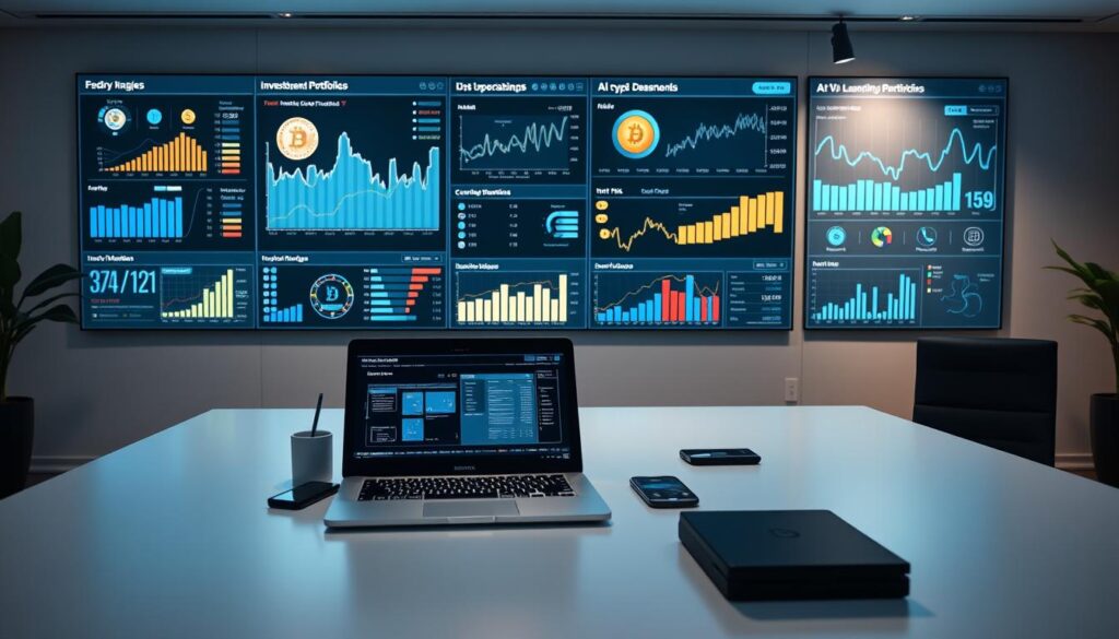 A sleek, modern workspace with a large desk featuring a laptop, smartphone, and various financial analysis tools. In the background, a wall-mounted display showcases interactive charts, graphs, and data visualizations related to investment portfolios, cryptocurrency markets, and risk management. Soft, directional lighting illuminates the scene, creating a professional and focused atmosphere. The overall composition emphasizes the integration of AI-powered decision-making tools into the financial planning process, reflecting the article's theme of revolutionizing crypto lending with AI.