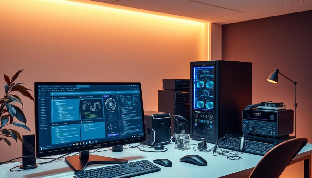 A sleek, modern workstation showcasing an array of cutting-edge tools and platforms for AI and blockchain development. In the foreground, a high-resolution display presents a suite of integrated development environments, code editors, and data visualization tools. In the middle ground, an assortment of hardware peripherals, including a powerful GPU, robust server, and various IoT sensors, convey the technical capabilities required for advanced AI and blockchain experimentation. The background is filled with a minimalist, yet sophisticated environment, bathed in a warm, ambient light that sets a contemplative, innovative tone. The entire scene exudes a sense of technological prowess and the future of decentralized, intelligent systems.