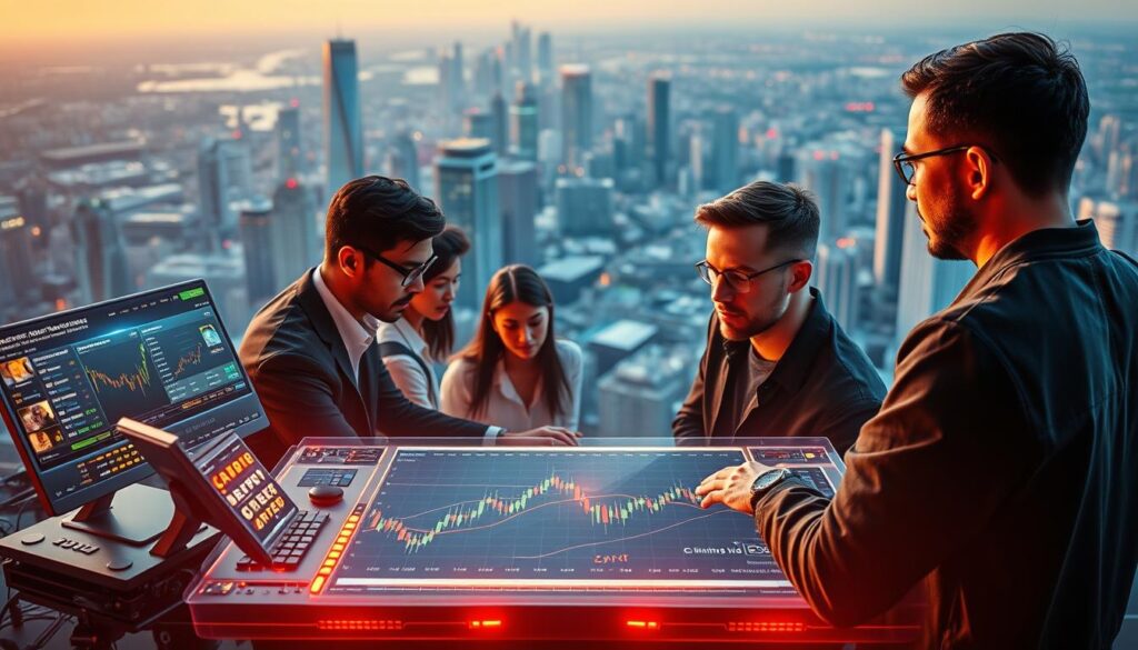 A sleek, modular cryptocurrency trading platform against a backdrop of a futuristic cityscape. In the foreground, flexible crypto modules with dynamic interfaces and intuitive controls. Glowing holographic displays showcase real-time market data and trading tools. The middle ground features a team of analysts and developers collaborating seamlessly, their expressions intense yet focused. In the background, a panoramic view of a gleaming metropolis, its skyscrapers and transport systems symbolizing the interconnected, ever-evolving world of digital finance. Warm, ambient lighting casts a sense of energy and possibility, hinting at the empowering potential of this flexible, on-demand crypto learning experience.