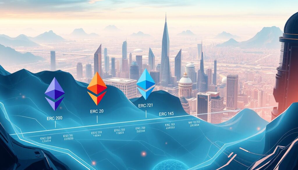 A sleek, technological landscape depicting the evolution of Ethereum token standards. In the foreground, a striking illustration of the ERC-20, ERC-721, and ERC-1155 token standards, each represented by distinct geometric shapes and vibrant colors. The middle ground showcases a dynamic timeline, with key milestones and the progression of these standards over time, rendered in a clean, data-visualization style. In the background, a vast, futuristic cityscape of Ethereum blockchain infrastructure, with towering skyscrapers and a mesh of interconnected networks, all bathed in a warm, ethereal glow. The overall composition conveys the depth, complexity, and ongoing advancements in the Ethereum token ecosystem. A sleek, technological landscape depicting the evolution of Ethereum token standards. In the foreground, a striking illustration of the ERC-20, ERC-721, and ERC-1155 token standards, each represented by distinct geometric shapes and vibrant colors. The middle ground showcases a dynamic timeline, with key milestones and the progression of these standards over time, rendered in a clean, data-visualization style. In the background, a vast, futuristic cityscape of Ethereum blockchain infrastructure, with towering skyscrapers and a mesh of interconnected networks, all bathed in a warm, ethereal glow. The overall composition conveys the depth, complexity, and ongoing advancements in the Ethereum token ecosystem.