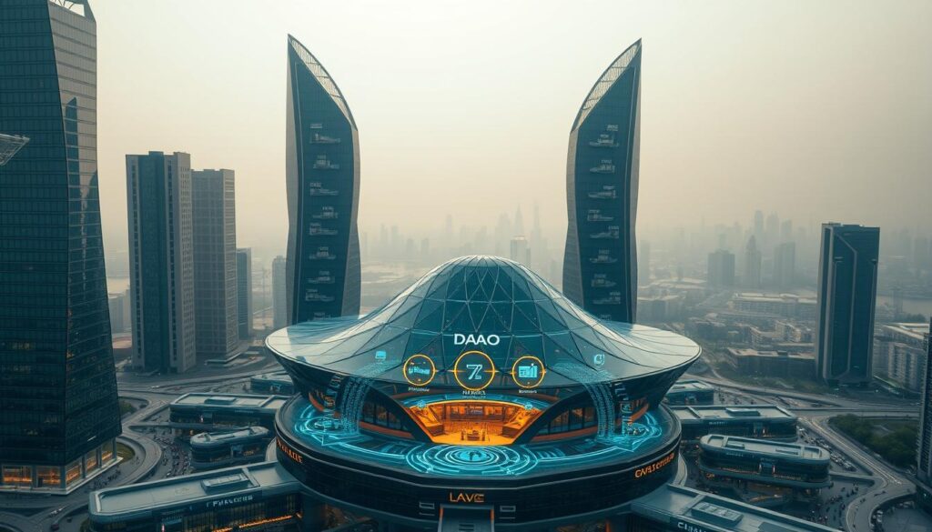 A sophisticated, architectural DAO hub nestled in a futuristic city landscape. In the foreground, a holographic interface displays real-time analytics and optimization algorithms. Towering glass skyscrapers with sleek, angular designs surround the central structure, bathed in a warm, diffused light. In the middle ground, autonomous drones and vehicles seamlessly navigate the smart infrastructure. The background depicts a hazy, ethereal skyline, hinting at advanced renewable energy sources powering this vision of 'smart governance'. The overall mood is one of efficiency, innovation, and technological harmony.