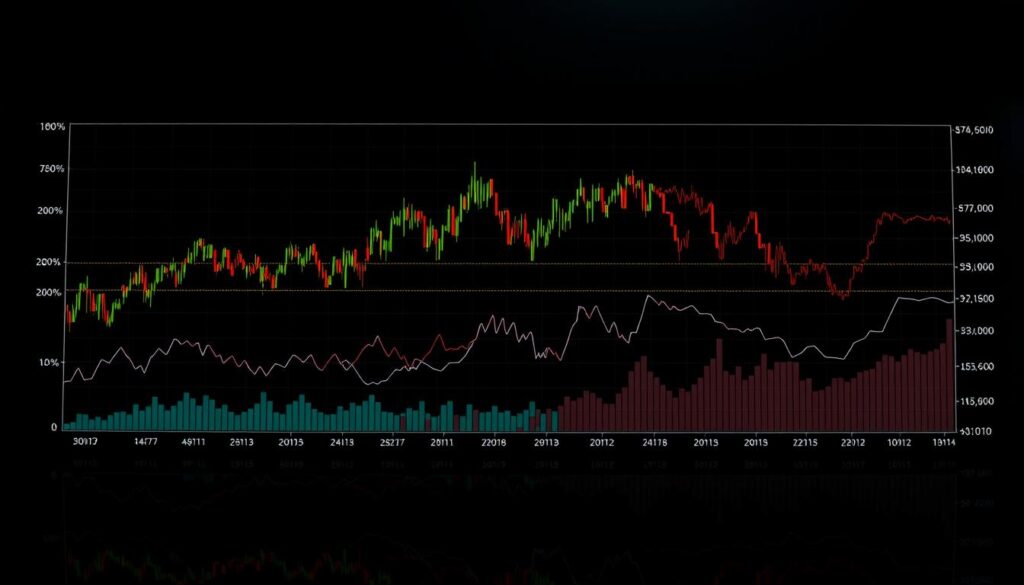 A sophisticated data visualization on a glossy black background, showcasing the relationship between Bitcoin prices and major stock market indices. Detailed line graphs and scatter plots in vibrant colors, depicting the statistical correlation and divergence patterns over time. Elegant typography and minimalist UI elements provide context and analysis. The composition features a clean, professional aesthetic with appropriate lighting and camera angles to highlight the data insights. The overall mood is one of data-driven financial analysis, conveying the complexities of the crypto-stock market dynamics.