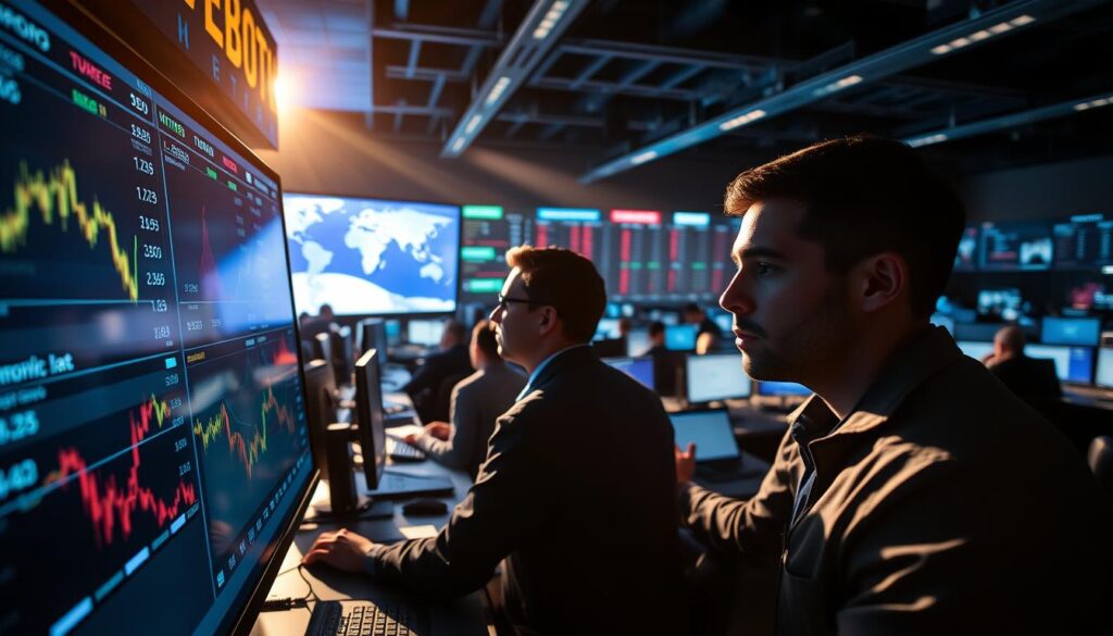 A sophisticated financial trading scene featuring spot futures contracts. In the foreground, a close-up of a digital trading platform displaying real-time spot and futures prices. The middle ground showcases traders intently monitoring multiple screens, their expressions a mix of focus and anticipation. In the background, a bustling trading floor with state-of-the-art workstations and large display panels providing a panoramic view of the global markets. Dramatic, high-contrast lighting casts long shadows, creating a sense of intensity and high-stakes decision-making. The overall atmosphere conveys the fast-paced, technologically-driven nature of modern cryptocurrency trading.