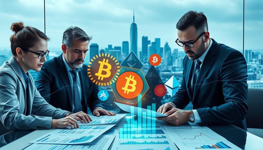 A sophisticated visual analysis of institutional investment trends in the dynamic cryptocurrency market. In the foreground, a team of financial analysts pore over data visualizations, charts, and reports, their expressions serious and intent. In the middle ground, various digital assets such as Bitcoin, Ethereum, and altcoins are represented as abstract geometric shapes, their fluctuating values depicted through dynamic lighting and color. The background features a cityscape skyline, symbolizing the global scale of the institutional crypto landscape. The scene is bathed in a cool, professional tone, conveying the gravity and complexity of this emerging financial sector.