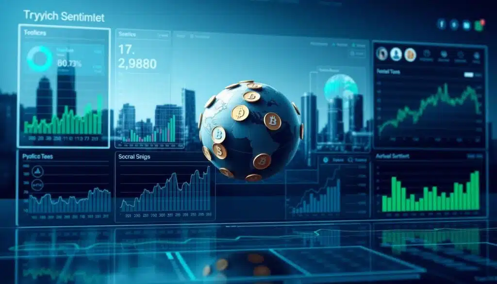 A sophisticated visual analysis of the cryptocurrency market sentiment. A complex data visualization dashboard with interactive graphs, charts, and indicators. The foreground features a sleek, minimalist interface with data visualizations in shades of blue, gray, and green, reflecting the calm and analytical nature of the market. The middle ground showcases a 3D globe with animated cryptocurrency symbols, representing the global nature of the market. The background features a subtle, futuristic cityscape, suggesting the technological and innovative nature of the cryptocurrency industry. The overall mood is one of professionalism, clarity, and insight, capturing the essence of understanding market sentiment and social signals.