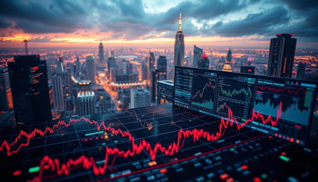 A sprawling 3D visualization of intricate volatility detection models, rendered with cinematic lighting and depth of field. In the foreground, dynamic graphs and charts depicting crypto market fluctuations, their lines ebbing and flowing with algorithmic precision. The midground features sleek, data-driven user interfaces, with colorful data visualizations and advanced analytics tools. The background is a hyper-detailed cityscape, with skyscrapers and infrastructure representing the complex global financial systems underpinning the crypto markets. The overall scene conveys a sense of technological sophistication, rigorous analysis, and the high-stakes nature of navigating volatile crypto landscapes.