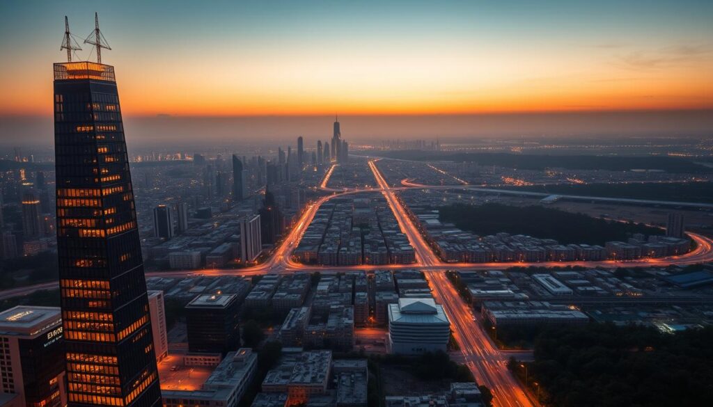 A sprawling city skyline at dusk, bathed in a warm, golden glow. In the foreground, a towering blockchain node, its sleek, futuristic design casting a soft, ambient light. Surrounding it, a network of interconnected energy-efficient buildings, their rooftops adorned with solar panels, wind turbines, and other sustainable technologies. In the middle ground, a bustling metropolis, its streets and highways flowing with zero-emission vehicles, powered by a decentralized, blockchain-based energy grid. In the distance, a serene, untouched landscape, its natural beauty preserved through the responsible and transparent management of resources, enabled by blockchain-powered smart contracts. The scene exudes a sense of harmony, where technology and nature coexist in perfect balance, showcasing a sustainable vision for the future of blockchain.