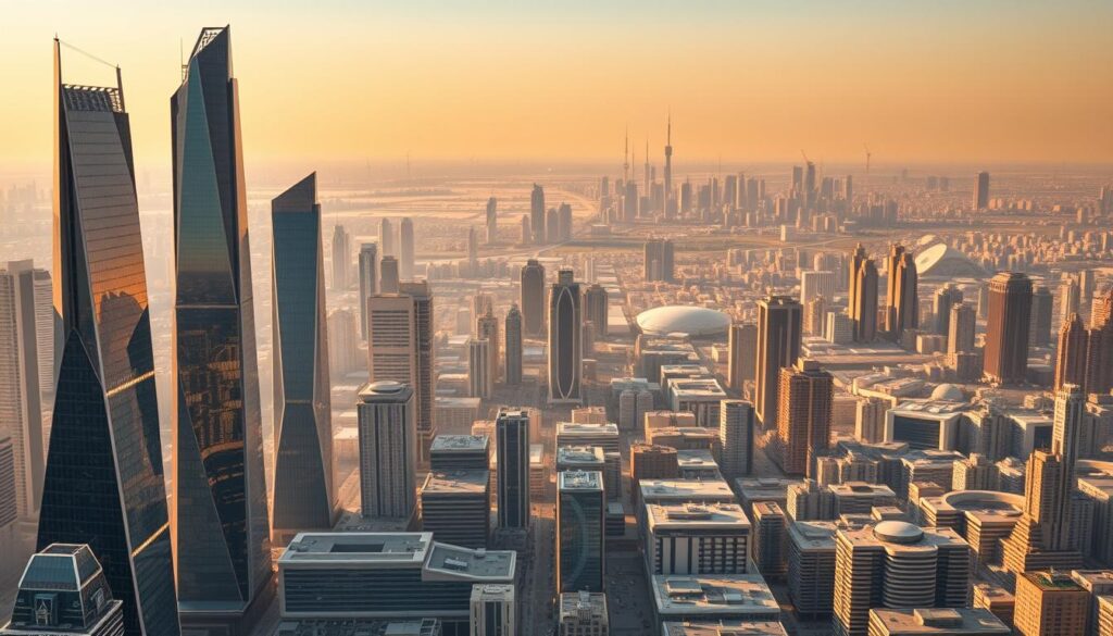 A sprawling cityscape of futuristic sector buildings, bathed in a warm, golden light. In the foreground, sleek, angular skyscrapers with gleaming glass facades rise up, their architectural forms mimicking the geometric patterns of blockchain networks. The middle ground features a bustling array of smaller, modular structures, each housing a different cryptocurrency protocol or AI-powered marketplace. In the distance, the horizon is dotted with towering data centers and satellite dishes, the technological infrastructure powering this dynamic, ever-evolving digital economy. The scene conveys a sense of scale, complexity, and boundless potential, reflecting the breadth and depth of the AI crypto market.