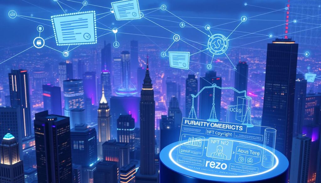 A sprawling cityscape of interconnected digital frameworks, with holographic contracts and decentralized ledgers floating above skyscrapers. Hues of blue and purple cast an ethereal glow, while lines of code and blockchain symbols weave through the scene. In the foreground, a high-tech podium displays a visual representation of intellectual property rights and NFT copyright laws, with intricate diagrams and data visualizations. The image conveys the complexity and importance of navigating the digital ownership landscape, with a sense of technological advancement and legal sophistication.