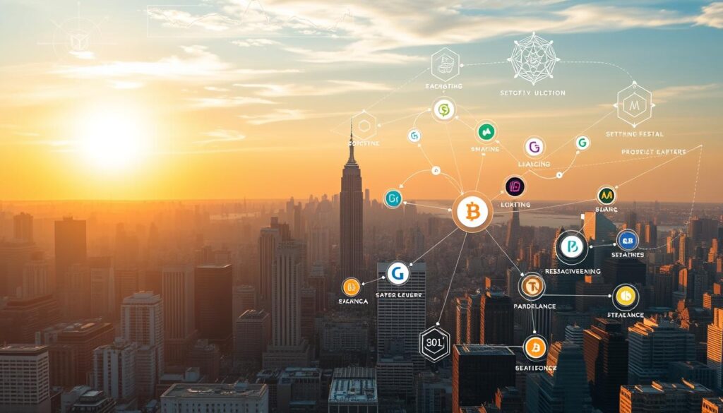 A sprawling cityscape under a warm, golden sunset, with towering skyscrapers and bustling streets below. In the foreground, a well-diversified cryptocurrency portfolio is displayed, featuring various digital assets represented by colorful, abstract icons. The middle ground showcases a diverse array of investment strategies, such as staking, lending, and portfolio rebalancing, all connected through a intricate web of arrows and data visualizations. The background incorporates subtle blockchain technology elements, like distributed ledger diagrams and cryptographic hashes, creating a sense of technological sophistication. The overall scene conveys a comprehensive, strategic approach to cryptocurrency portfolio diversification, with a focus on maximizing returns through thoughtful asset allocation and active management. A sprawling cityscape under a warm, golden sunset, with towering skyscrapers and bustling streets below. In the foreground, a well-diversified cryptocurrency portfolio is displayed, featuring various digital assets represented by colorful, abstract icons. The middle ground showcases a diverse array of investment strategies, such as staking, lending, and portfolio rebalancing, all connected through a intricate web of arrows and data visualizations. The background incorporates subtle blockchain technology elements, like distributed ledger diagrams and cryptographic hashes, creating a sense of technological sophistication. The overall scene conveys a comprehensive, strategic approach to cryptocurrency portfolio diversification, with a focus on maximizing returns through thoughtful asset allocation and active management.