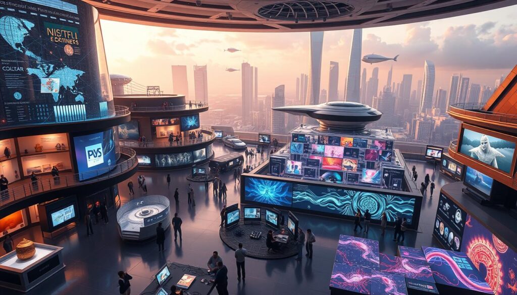 A sprawling digital art gallery, showcasing innovative platforms that empower artists. Striking architectural structures housing immersive virtual exhibitions, with holographic displays, interactive installations, and dynamic lighting. In the foreground, a futuristic user interface enables seamless curation and exploration of diverse NFT collections. The middle ground features artists collaborating on cutting-edge generative art, their creations cascading across dynamic screens. In the background, a cityscape of gleaming skyscrapers and hovering transport pods sets the scene for this cutting-edge digital art ecosystem, powered by the latest advancements in technology. A sprawling digital art gallery, showcasing innovative platforms that empower artists. Striking architectural structures housing immersive virtual exhibitions, with holographic displays, interactive installations, and dynamic lighting. In the foreground, a futuristic user interface enables seamless curation and exploration of diverse NFT collections. The middle ground features artists collaborating on cutting-edge generative art, their creations cascading across dynamic screens. In the background, a cityscape of gleaming skyscrapers and hovering transport pods sets the scene for this cutting-edge digital art ecosystem, powered by the latest advancements in technology.