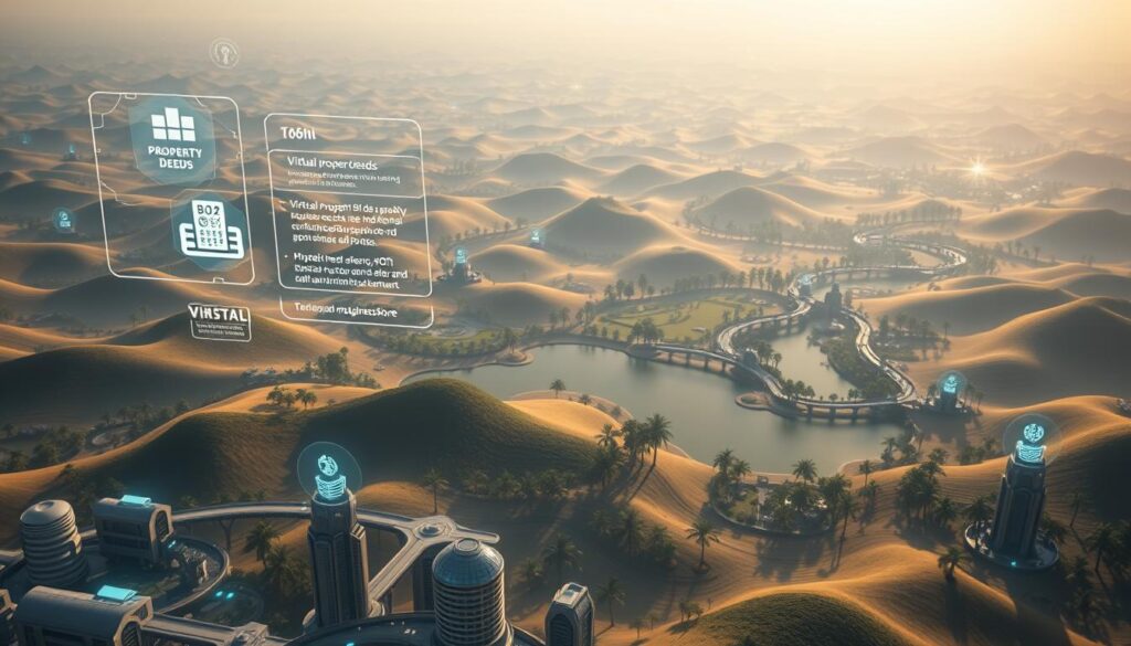 A sprawling digital landscape of rolling hills, towering structures, and shimmering holographic interfaces. In the foreground, a futuristic cityscape with gleaming skyscrapers and suspended walkways. Holograms and digital overlays display information about virtual property deeds, transaction histories, and property management tools. In the middle ground, a verdant virtual park with serene ponds and lush vegetation, dotted with interactive kiosks and holographic signage. The background fades into a vast, boundless digital expanse, hinting at the limitless possibilities of virtual land ownership. Soft, diffused lighting casts a warm, inviting glow over the scene, creating a sense of technological wonder and digital exploration.