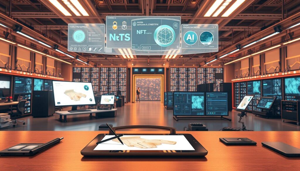 A sprawling digital workspace with AI-powered creation tools. In the foreground, a sleek tablet displays a virtual canvas, brushes, and stylus at the ready. Hovering above, holographic interfaces showcase NFT minting and distribution options. The middle ground features a 3D modeling software, generative art algorithms, and data visualization dashboards. In the background, a vast network of servers and blockchain nodes hums with activity, powering the seamless conversion of physical artworks into cutting-edge digital assets. Warm lighting, clean lines, and a sense of technological sophistication permeate the scene.