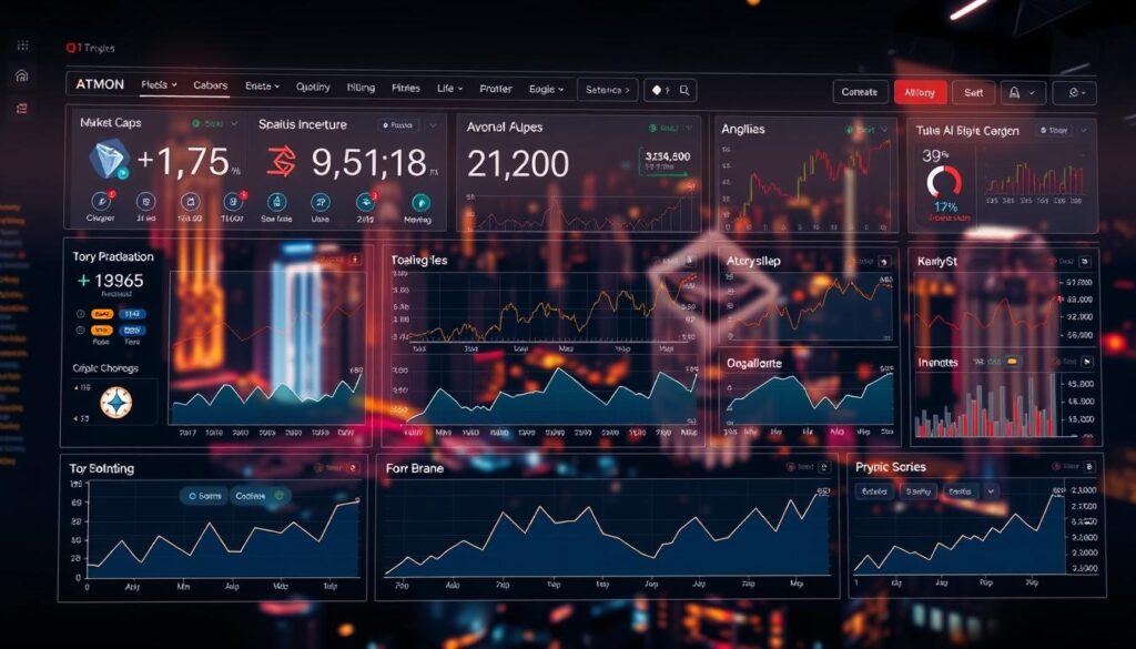 A sprawling financial dashboard with crisp data visualizations and charts, showcasing the performance and trends of leading AI-powered crypto assets. The foreground features a clean, minimalist layout with sleek icons and dynamic line graphs tracking the prices and market caps of top cryptocurrencies. The middle ground highlights interactive analytics tools, allowing users to compare historical price movements and forecast future trajectories. The background sets the scene with a vibrant, futuristic cityscape, hinting at the technological advancements driving the crypto market. Warm yet subdued lighting casts an air of precision and authority, inviting the viewer to explore the insights on display. A sprawling financial dashboard with crisp data visualizations and charts, showcasing the performance and trends of leading AI-powered crypto assets. The foreground features a clean, minimalist layout with sleek icons and dynamic line graphs tracking the prices and market caps of top cryptocurrencies. The middle ground highlights interactive analytics tools, allowing users to compare historical price movements and forecast future trajectories. The background sets the scene with a vibrant, futuristic cityscape, hinting at the technological advancements driving the crypto market. Warm yet subdued lighting casts an air of precision and authority, inviting the viewer to explore the insights on display.