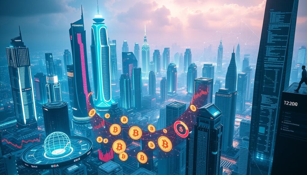 A sprawling, futuristic cityscape of gleaming skyscrapers and holographic displays, bathed in a cool, neon-tinged glow. In the foreground, a dynamic visualization of tokenomic data - shifting graphs, pie charts, and other statistical visualizations, all pulsing with energy and insights. The middle ground features stylized crypto tokens, their designs evolving and morphing, reflecting the underlying mechanics of supply, demand, and deflationary models. In the background, an abstract data landscape of blockchain networks, transaction flows, and algorithmic processes that power this digital ecosystem. Lighting is dramatic, with sharp shadows and highlights, capturing the technical complexity and high-stakes nature of the subject matter. The overall mood is one of innovation, dynamism, and the cutting edge of decentralized finance.