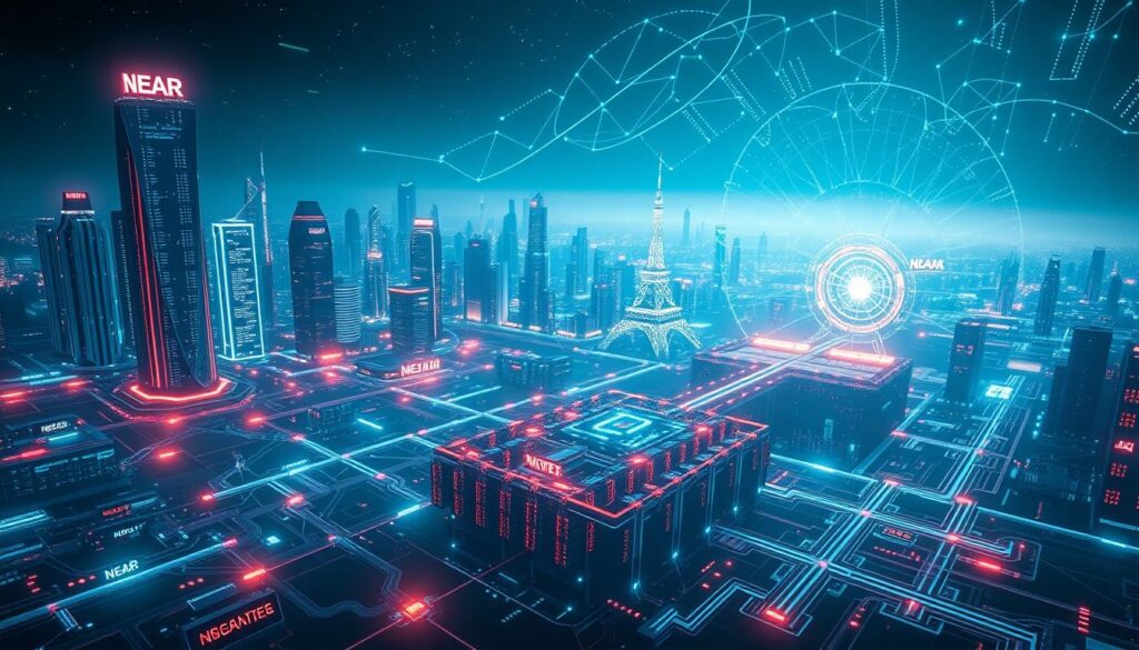 A sprawling futuristic cityscape with gleaming skyscrapers and holographic displays, bathed in a cool, neon-tinged glow. In the foreground, a network of interconnected nodes and pathways, pulsing with dynamic data visualizations - streams of code, blockchain transactions, and AI processes. The middle ground features a massive, modular data center, its architecture blending seamless efficiency with organic, fractal-like structures. In the background, a vast, shimmering energy field radiates outward, powering this advanced technological ecosystem. The overall atmosphere conveys a sense of innovation, scalability, and the boundless potential of the NEAR protocol to enable the next generation of decentralized, AI-driven applications.