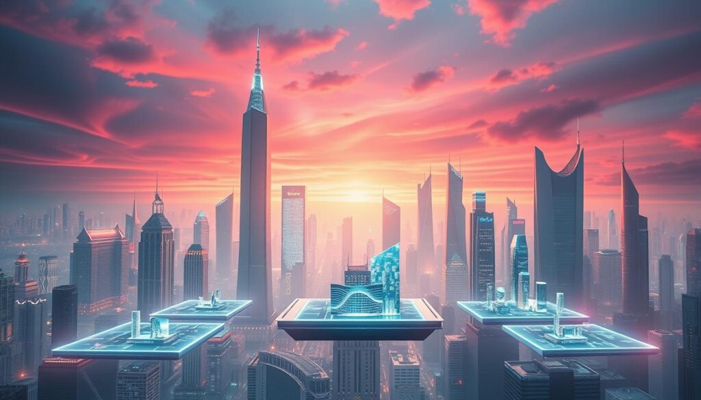 A sprawling futuristic metropolis, its towering skyscrapers and sleek structures rising against a vibrant, neon-hued sky. In the foreground, a series of floating platforms and holographic interfaces showcase the latest virtual real estate offerings, their ethereal forms shimmering with dynamic data visualizations. The scene is bathed in a warm, diffused lighting, creating a sense of depth and immersion. Seamlessly blending the physical and digital realms, this vision of virtual real estate embodies the boundless possibilities of the digital age, where the lines between the tangible and the intangible have been irrevocably blurred.