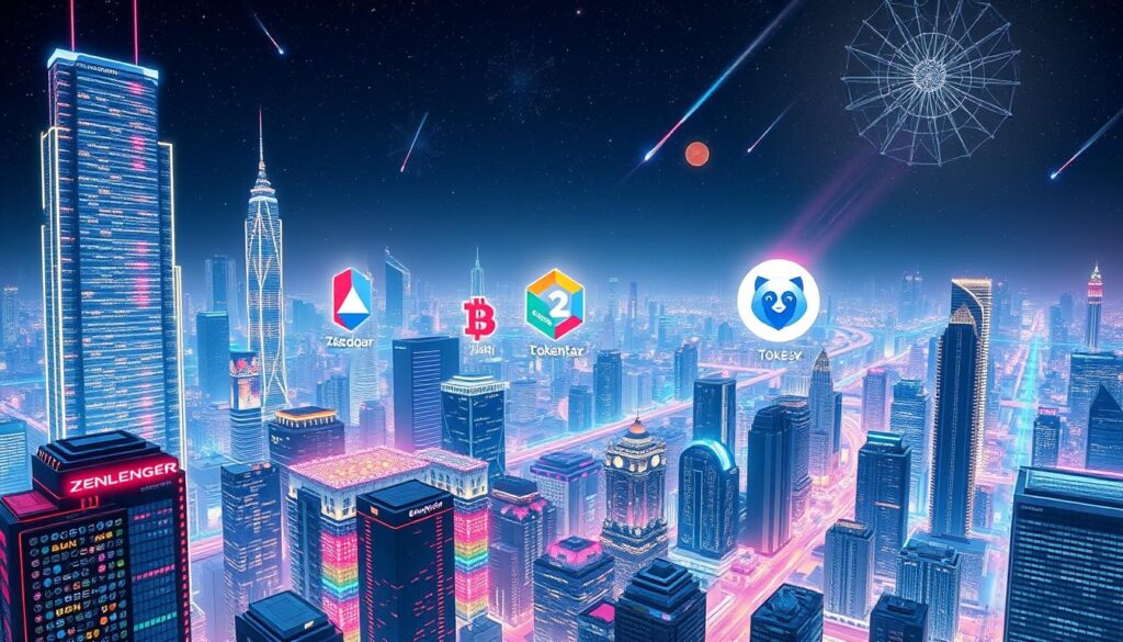 A sprawling holographic cityscape, where towering skyscrapers and data centers intertwine with vibrant blockchain visualizations. In the foreground, a trio of digital finance platforms - ZenLedger, TokenTax, and CoinPanda - each represented by stylized geometric logos, hover amidst a swirling array of colored nodes, graphs, and transaction flows. The middle ground depicts a diverse ecosystem of DeFi protocols and NFT marketplaces, their activities rendered in a dynamic, neon-infused palette. The background features a starry night sky, with shooting comets and ethereal energy fields, symbolizing the boundless potential of cryptocurrency and decentralized finance. Diffuse lighting and a dreamlike atmosphere evoke a sense of technological innovation and financial empowerment.
