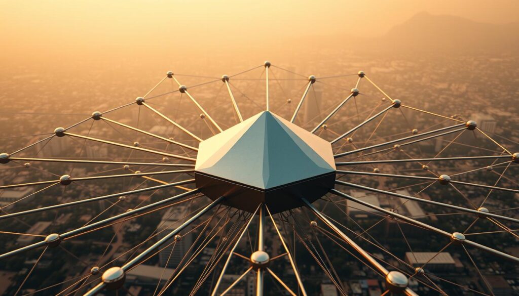 A sprawling network of interconnected nodes, a blockchain hub-and-spoke architecture. In the foreground, a central hub with a series of radiating spokes, each representing a distinct blockchain ecosystem. The hub is rendered in a sleek, metallic finish, its edges sharp and angular, conveying a sense of technological prowess. The spokes extend outward, each with a unique geometric pattern, symbolizing the diverse range of blockchain protocols and their interoperability. The scene is bathed in a warm, amber lighting, creating a sense of depth and dimensionality. In the background, a hazy, ethereal landscape, hinting at the vast potential of this interconnected blockchain network. The overall composition evokes a feeling of harmony, innovation, and the seamless integration of various blockchain systems.