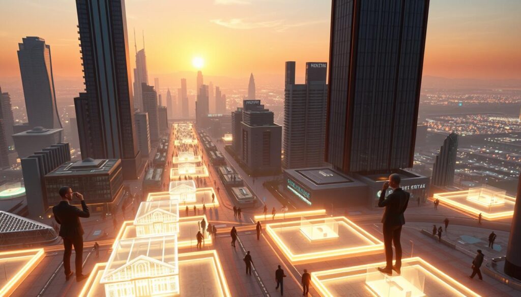 A sprawling virtual cityscape, its towering skyscrapers and sleek, futuristic architecture casting long shadows in the warm, diffused lighting of a digital sunset. In the foreground, a series of glowing, holographic real estate plots, their boundaries delineated by shimmering lines. Holograms of prospective owners, avatars in sleek, minimalist attire, examine the virtual properties, deep in contemplation. The middle ground features bustling foot traffic, digital denizens navigating the metaverse's bustling streets, their movements captured in a cinematic, 24mm-style camera angle. In the background, a vast, undulating horizon, a tapestry of luminous data streams and shifting terrain, hinting at the boundless possibilities of this digital realm.