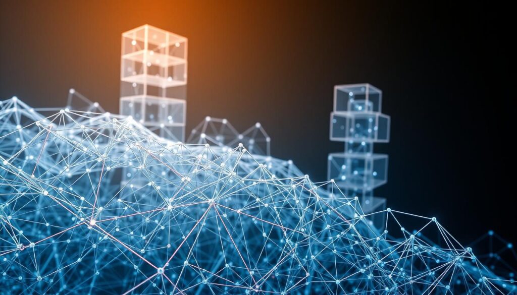 A sprawling visualization of a graph neural network intertwined with blockchain analytics. In the foreground, a complex web of interconnected nodes and edges representing data flows and relationships. Behind it, a translucent three-dimensional blockchain structure, its blocks stacked and linked together. The scene is illuminated by a soft, diffused light, creating depth and dimension. Hints of heatmaps, data visualizations, and algorithmic insights emerge from the networks, suggesting the depth and power of the analytics. The overall mood is one of technological sophistication and the seamless integration of advanced machine learning techniques with blockchain infrastructure. A sprawling visualization of a graph neural network intertwined with blockchain analytics. In the foreground, a complex web of interconnected nodes and edges representing data flows and relationships. Behind it, a translucent three-dimensional blockchain structure, its blocks stacked and linked together. The scene is illuminated by a soft, diffused light, creating depth and dimension. Hints of heatmaps, data visualizations, and algorithmic insights emerge from the networks, suggesting the depth and power of the analytics. The overall mood is one of technological sophistication and the seamless integration of advanced machine learning techniques with blockchain infrastructure.