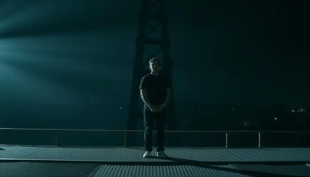 A stark, industrial scene illuminated by dramatic chiaroscuro lighting. In the foreground, a lone figure stands on a metal platform, hands bound, a sense of foreboding tension permeating the air. The middle ground reveals a towering, angular structure, its harsh geometry casting long shadows across the scene. In the background, a blurred cityscape fades into the distance, hinting at the broader context of this execution. The overall mood is one of ominous power, a visceral representation of the consequences of one's actions.