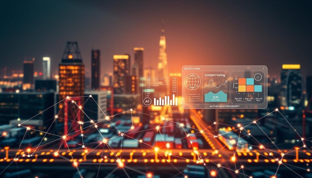 A state-of-the-art blockchain-powered supply chain management system, showcasing the seamless integration of advanced AI technologies. In the foreground, a futuristic network of interconnected nodes visualizes the real-time flow of goods, data, and transactions. The middle ground features holographic dashboards displaying predictive analytics, intelligent routing, and automated procurement. In the background, a luminous cityscape serves as the backdrop, symbolizing the ubiquitous nature of this innovative solution. Warm lighting casts a subtle glow, creating a sense of efficiency and technological progress. The overall composition conveys the power of combining blockchain and AI to revolutionize modern supply chain management.