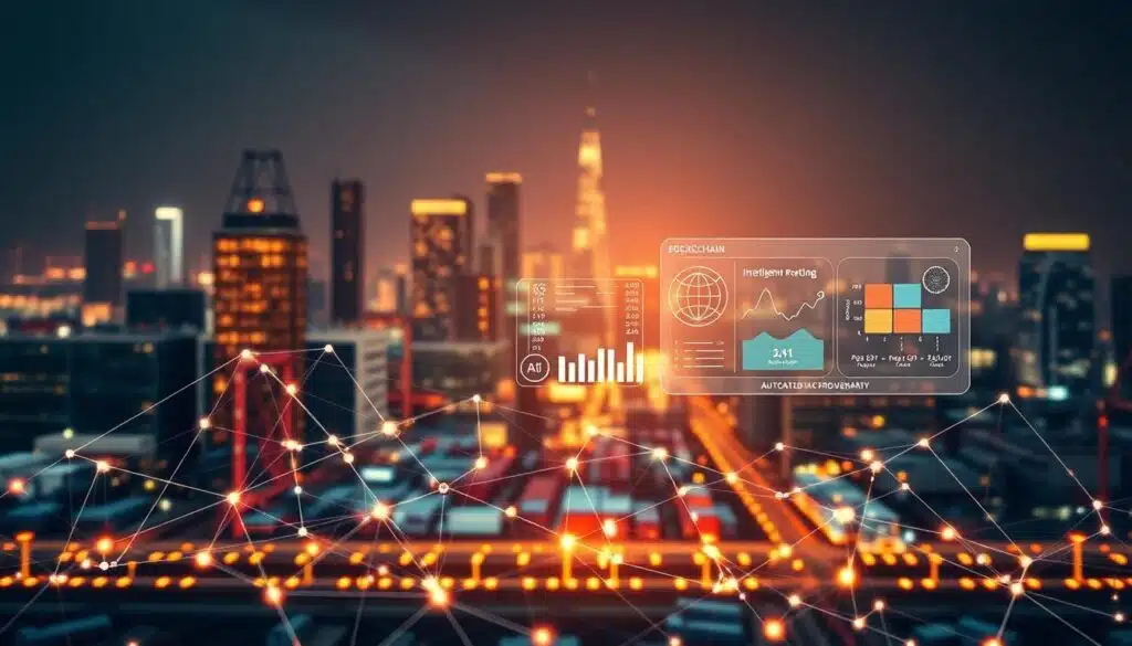 A state-of-the-art blockchain-powered supply chain management system, showcasing the seamless integration of advanced AI technologies. In the foreground, a futuristic network of interconnected nodes visualizes the real-time flow of goods, data, and transactions. The middle ground features holographic dashboards displaying predictive analytics, intelligent routing, and automated procurement. In the background, a luminous cityscape serves as the backdrop, symbolizing the ubiquitous nature of this innovative solution. Warm lighting casts a subtle glow, creating a sense of efficiency and technological progress. The overall composition conveys the power of combining blockchain and AI to revolutionize modern supply chain management.