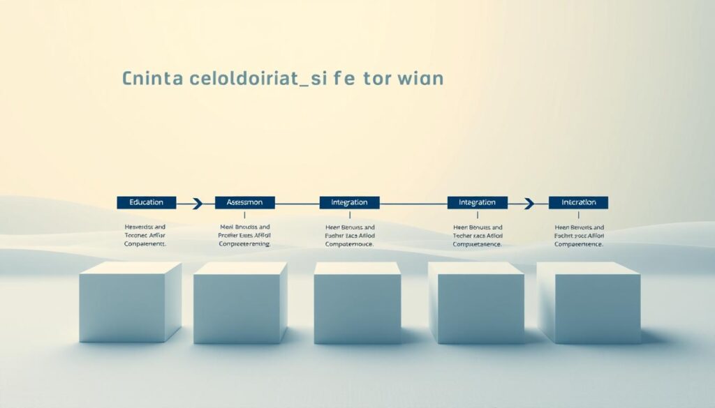 A step-by-step blockchain adoption framework rendered in a clean, minimalist style. The foreground features a series of interconnected blocks, each representing a key stage of the implementation process - from education and assessment to integration and maintenance. The middle ground showcases a sleek, abstract blockchain network, with nodes communicating seamlessly. The background is a smooth, gradient-based landscape, bathed in cool, neutral tones that convey a sense of technological sophistication. Crisp, evenly-distributed lighting highlights the dimensional aspects of the framework, while a slightly elevated camera angle provides an elevated, strategic overview of the entire adoption lifecycle.