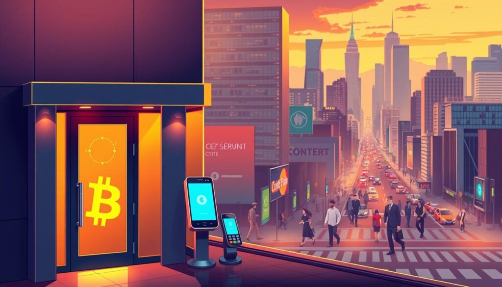 A striking digital illustration showcasing the benefits of crypto payments for businesses. In the foreground, a sleek, modern-looking storefront with a prominent crypto payment symbol on the door. The middle ground features various payment terminals and mobile devices, highlighting the ease and convenience of accepting cryptocurrencies. In the background, a bustling urban landscape with skyscrapers and busy streets, symbolizing the global reach and accessibility of crypto transactions. Warm, vibrant lighting casts a welcoming glow, while the overall composition conveys a sense of progress, innovation, and financial empowerment for business owners. Subtle yet impactful details enhance the scene, reflecting the security, speed, and cost-effectiveness of integrating cryptocurrency into merchant payment acceptance.