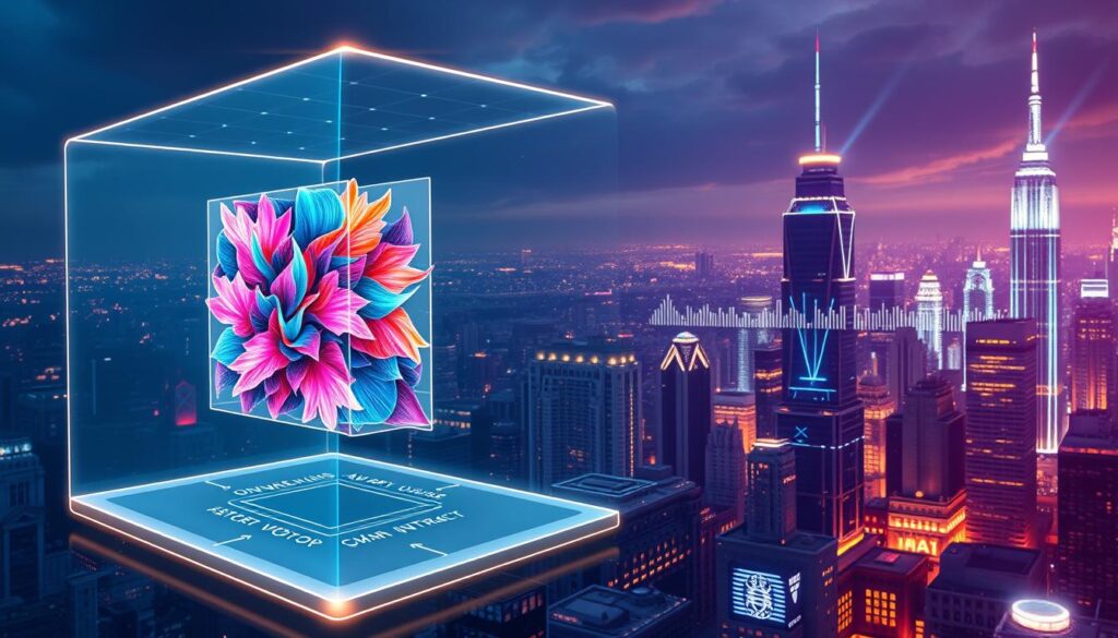 A striking digital illustration showcasing the evolution of blockchain-powered art verification technology. In the foreground, a holographic interface displays a detailed 3D model of a vibrant, abstract digital artwork, its intricate patterns and colors pulsing with dynamic energy. In the middle ground, a sleek, minimalist blockchain ledger system meticulously logs the artwork's ownership history and authenticity. The background depicts a futuristic cityscape, its skyscrapers adorned with towering holograms and neon-lit smart contracts, symbolizing the seamless integration of this revolutionary technology into the world of digital art and commerce. A striking digital illustration showcasing the evolution of blockchain-powered art verification technology. In the foreground, a holographic interface displays a detailed 3D model of a vibrant, abstract digital artwork, its intricate patterns and colors pulsing with dynamic energy. In the middle ground, a sleek, minimalist blockchain ledger system meticulously logs the artwork's ownership history and authenticity. The background depicts a futuristic cityscape, its skyscrapers adorned with towering holograms and neon-lit smart contracts, symbolizing the seamless integration of this revolutionary technology into the world of digital art and commerce.