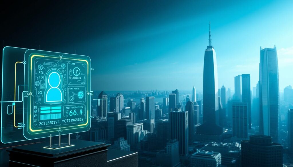 A striking, futuristic scene depicting blockchain-powered digital identity solutions. In the foreground, a holographic display showcases a secure, personalized digital ID, glowing with intricate blockchain symbols. In the middle ground, a sleek, minimalist interface allows for seamless management of digital identities, with biometric authentication and cryptographic keys. The background features a cityscape of gleaming skyscrapers, symbolic of a technologically advanced, decentralized society enabled by blockchain innovation. Dramatic lighting casts long shadows, conveying a sense of power and innovation. The overall atmosphere is one of cutting-edge technology, personal empowerment, and a vision for a secure, decentralized future.