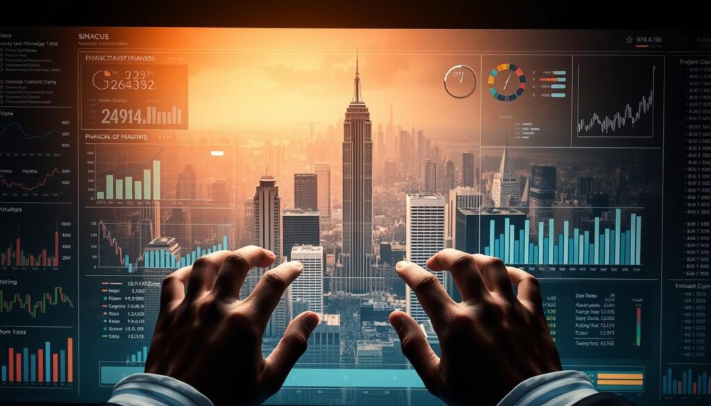 A striking overhead view of a financial dashboard, illuminated by soft, diffused lighting. In the foreground, a pair of hands carefully manipulate risk management tools - charts, graphs, and analytical interfaces. The middle ground features a cityscape of skyscrapers, symbolizing the high-stakes world of crypto trading. The background is shrouded in a hazy, thoughtful atmosphere, evoking the complex challenges of data quality and ethical considerations in AI-driven financial algorithms.