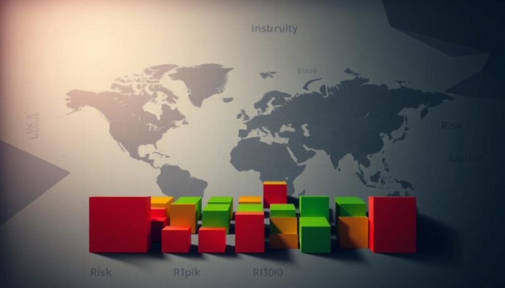 A striking risk opportunity map presented in a sleek, modern style. In the foreground, a central grid of squares in varying shades of red and green, representing different levels of risk and potential. The background features abstract geometric shapes and patterns, hinting at the complex interplay of factors influencing the risk landscape. Muted tones of grays, blues, and neutrals create a sense of seriousness and professionalism. Dramatic lighting casts dramatic shadows, emphasizing the weight of the decisions to be made. A sense of balance and symmetry conveys the need for careful analysis and strategic thinking. The overall composition is bold, impactful, and tailored to the subject matter.