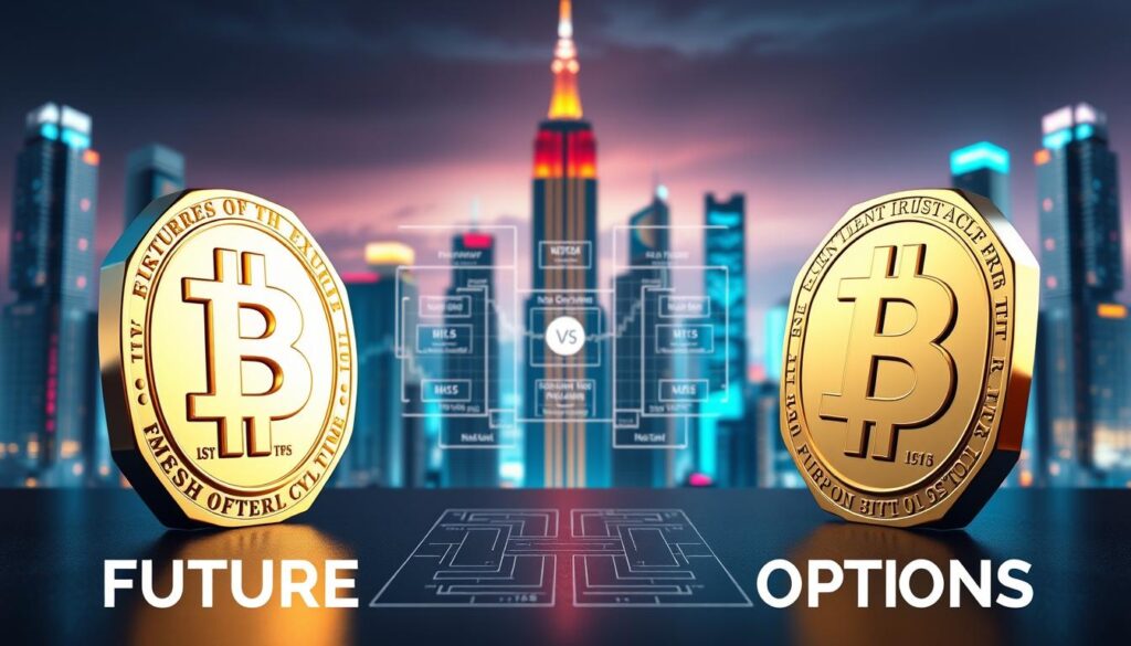 A striking side-by-side visual comparison of cryptocurrency futures and options contracts. In the foreground, two gleaming, metallic 3D models of a futures contract and an options contract, rendered with realistic lighting and reflections. In the middle ground, a detailed wireframe diagram illustrating the key differences in their mechanics, risk profiles, and trading dynamics. The background is a futuristic cityscape, with towering skyscrapers and a vibrant, neon-lit skyline, symbolizing the cutting-edge, high-stakes world of digital asset derivatives trading. The overall composition conveys a sense of technical complexity, financial sophistication, and the strategic decisions involved in navigating the futures vs. options landscape. A striking side-by-side visual comparison of cryptocurrency futures and options contracts. In the foreground, two gleaming, metallic 3D models of a futures contract and an options contract, rendered with realistic lighting and reflections. In the middle ground, a detailed wireframe diagram illustrating the key differences in their mechanics, risk profiles, and trading dynamics. The background is a futuristic cityscape, with towering skyscrapers and a vibrant, neon-lit skyline, symbolizing the cutting-edge, high-stakes world of digital asset derivatives trading. The overall composition conveys a sense of technical complexity, financial sophistication, and the strategic decisions involved in navigating the futures vs. options landscape.