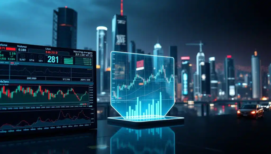 A stunning, high-resolution 3D visualization of cryptocurrency market indicators and analysis. In the foreground, a series of dynamic charts and graphs depicting real-time data on various crypto assets, trading volumes, and market trends. In the middle ground, a sleek, holographic display of key technical indicators like moving averages, RSI, and MACD. In the background, a futuristic, neon-lit cityscape with skyscrapers and bustling digital activity. Cinematic lighting casts dramatic shadows, creating a sense of depth and complexity. The overall mood is one of technological sophistication, data-driven insights, and the fast-paced nature of the cryptocurrency market.