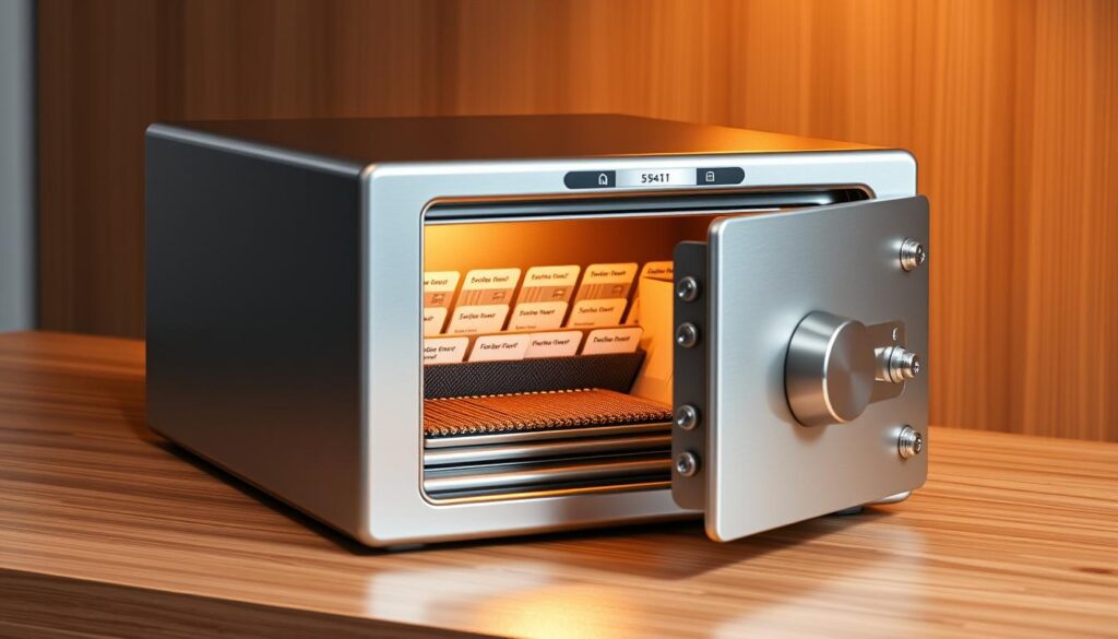 A sturdy metal safe with biometric locks sits atop a sleek, minimalist desk. The safe's surface reflects the warm glow of a soft overhead light, casting a subtle shadow on the polished wooden tabletop. Inside the safe, rows of hardware wallets and seed phrase cards are neatly organized, symbolizing the secure storage of cryptocurrency assets. The scene conveys a sense of confidence and control, emphasizing the importance of proper cold storage techniques to protect digital wealth. A sturdy metal safe with biometric locks sits atop a sleek, minimalist desk. The safe's surface reflects the warm glow of a soft overhead light, casting a subtle shadow on the polished wooden tabletop. Inside the safe, rows of hardware wallets and seed phrase cards are neatly organized, symbolizing the secure storage of cryptocurrency assets. The scene conveys a sense of confidence and control, emphasizing the importance of proper cold storage techniques to protect digital wealth.