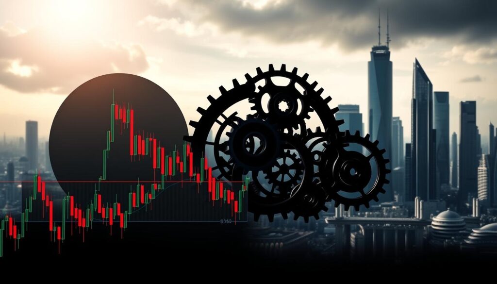 A stylized diagram depicting the integration of trading strategy analysis. In the foreground, a detailed candlestick chart with dynamic price movements and technical indicators. In the middle ground, a series of interconnected gears and cogs, symbolizing the complex systems and processes underlying the trading strategy. In the background, a futuristic cityscape with towering skyscrapers, representing the broader financial landscape. The lighting is dramatic, with sharp contrasts and moody shadows, creating a sense of depth and complexity. The overall mood is one of sophistication, precision, and the seamless integration of analysis and strategy. A stylized diagram depicting the integration of trading strategy analysis. In the foreground, a detailed candlestick chart with dynamic price movements and technical indicators. In the middle ground, a series of interconnected gears and cogs, symbolizing the complex systems and processes underlying the trading strategy. In the background, a futuristic cityscape with towering skyscrapers, representing the broader financial landscape. The lighting is dramatic, with sharp contrasts and moody shadows, creating a sense of depth and complexity. The overall mood is one of sophistication, precision, and the seamless integration of analysis and strategy.