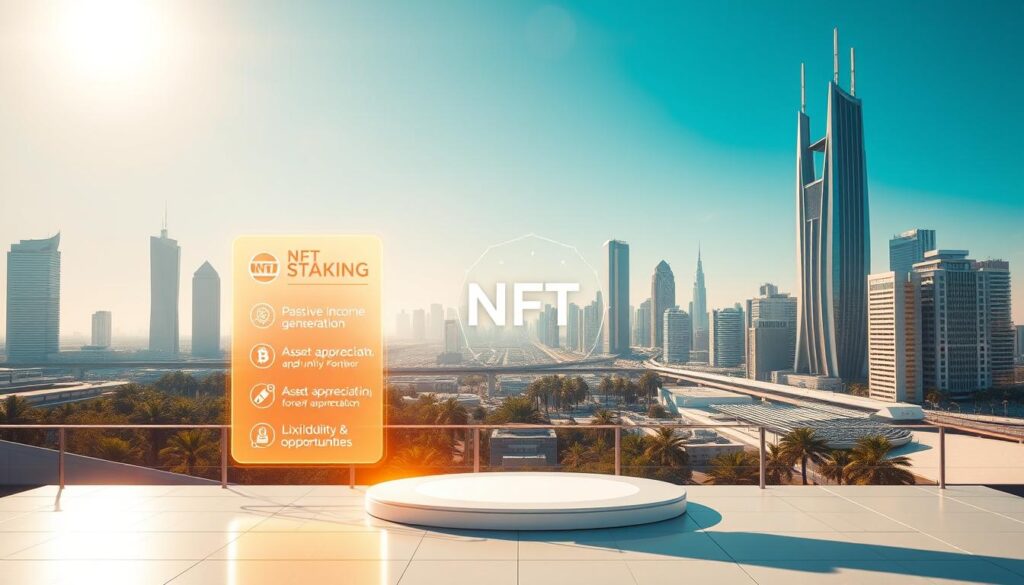 A sun-drenched, modern-styled landscape with a sleek, futuristic NFT staking platform at the center. In the foreground, a glowing, holographic interface displays the benefits of NFT staking, including passive income generation, asset appreciation, and liquidity opportunities. The middle ground features a dynamic, 3D visualization of the staking process, with NFTs moving seamlessly through various stages. In the background, a cityscape of towering skyscrapers and gleaming, high-tech infrastructure sets the stage for the cutting-edge nature of this NFT staking experience. The lighting is crisp, with warm tones accentuating the clean, minimalist aesthetic. The overall mood is one of innovation, progress, and the promising future of decentralized finance.