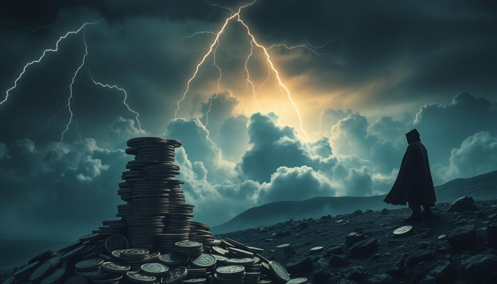 A surreal and ominous scene of cryptocurrency risk factors. In the foreground, a towering stack of digital coins trembles and threatens to collapse, casting an eerie shadow across the landscape. In the middle ground, jagged lightning bolts crackle through a turbulent, cloud-filled sky, symbolizing the volatility and unpredictability of the crypto market. In the distant background, a looming, faceless figure in a dark cloak hovers, representing the ever-present threats of hacking, fraud, and regulation. The overall scene conveys a sense of foreboding and the need for cautious investment in the crypto space. Dramatic cinematic lighting and a moody, desaturated color palette enhance the sense of tension and risk. A surreal and ominous scene of cryptocurrency risk factors. In the foreground, a towering stack of digital coins trembles and threatens to collapse, casting an eerie shadow across the landscape. In the middle ground, jagged lightning bolts crackle through a turbulent, cloud-filled sky, symbolizing the volatility and unpredictability of the crypto market. In the distant background, a looming, faceless figure in a dark cloak hovers, representing the ever-present threats of hacking, fraud, and regulation. The overall scene conveys a sense of foreboding and the need for cautious investment in the crypto space. Dramatic cinematic lighting and a moody, desaturated color palette enhance the sense of tension and risk.