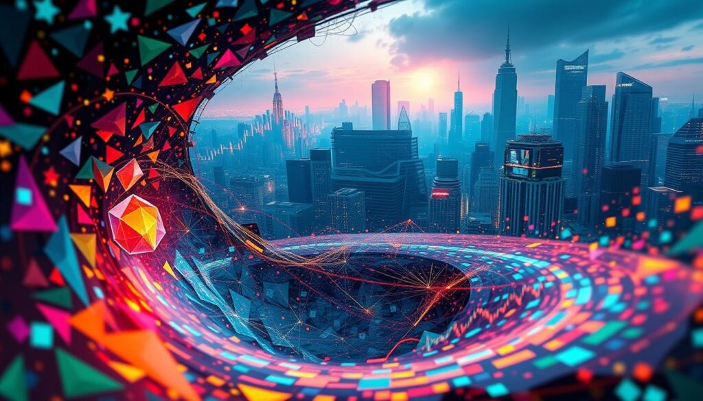A surreal data visualization of the cryptocurrency market's ever-changing psychology. In the foreground, a swirling vortex of colorful geometric shapes and data visualizations, representing the complex emotions and trading behaviors of market participants. In the middle ground, a cluster of analytic graphs and charts, casting an eerie glow. In the background, a dystopian cityscape of skyscrapers and digital infrastructure, bathed in a cool, neon-tinged palette. The overall scene conveys a sense of chaos, volatility, and the unrelenting pace of the crypto markets, inviting the viewer to ponder the interplay between technology, finance, and human psychology.