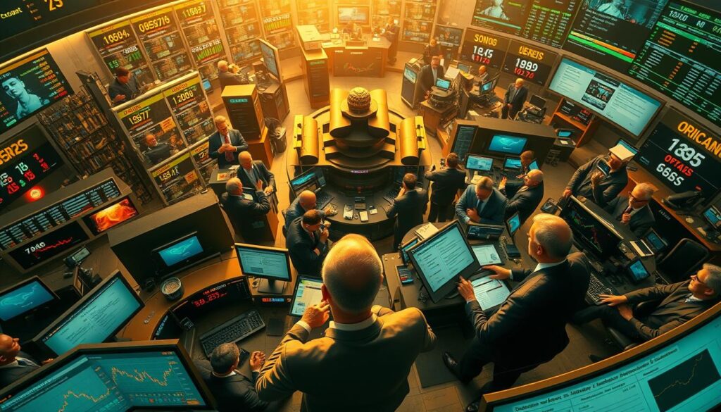 A sweeping aerial view of the global financial landscape, with stock exchanges, trading floors, and cryptocurrency exchanges bustling with activity. The foreground features a dynamic display of real-time market data, including cryptocurrency prices, trading volumes, and volatility indicators. In the middle ground, world leaders and policymakers are engaged in intense discussions, their facial expressions conveying the gravity of the situation. The background is a collage of news headlines, social media posts, and breaking news alerts, reflecting the widespread impact of global events on the cryptocurrency market. The scene is illuminated by a warm, golden light, casting a sense of urgency and importance over the entire composition.