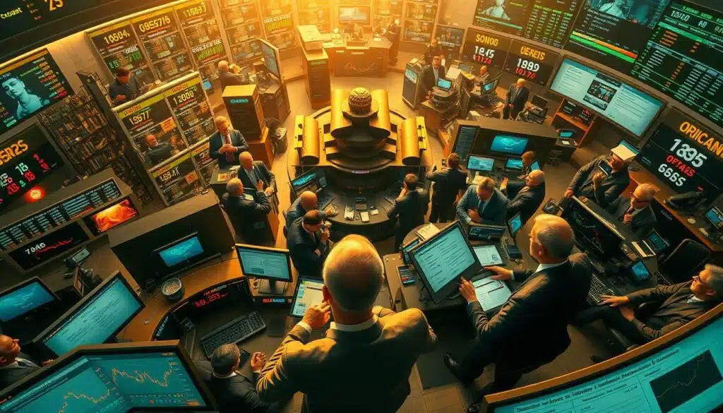 A sweeping aerial view of the global financial landscape, with stock exchanges, trading floors, and cryptocurrency exchanges bustling with activity. The foreground features a dynamic display of real-time market data, including cryptocurrency prices, trading volumes, and volatility indicators. In the middle ground, world leaders and policymakers are engaged in intense discussions, their facial expressions conveying the gravity of the situation. The background is a collage of news headlines, social media posts, and breaking news alerts, reflecting the widespread impact of global events on the cryptocurrency market. The scene is illuminated by a warm, golden light, casting a sense of urgency and importance over the entire composition.